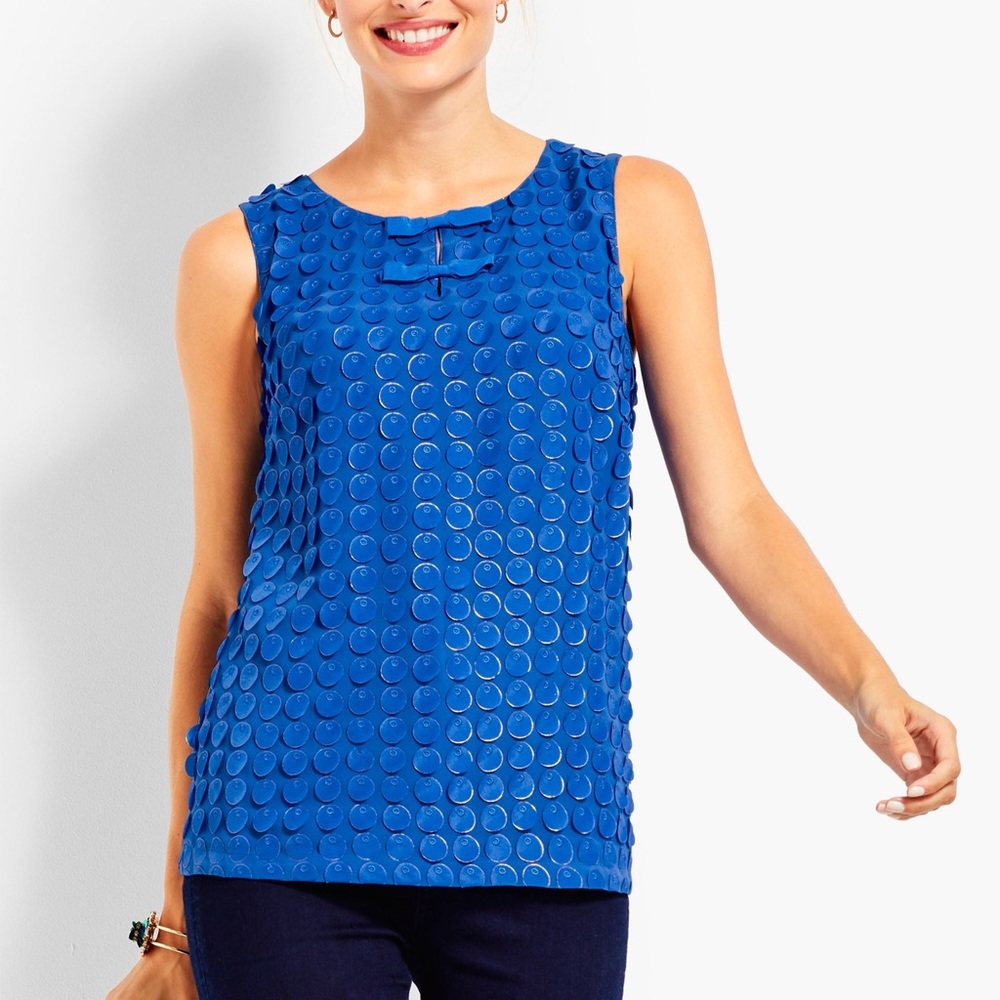 Talbots RSVP blue blouse w/ gold-rimmed circles